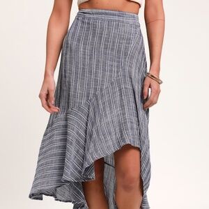 Lulus By The Bay Washed Blue And White Striped Ruffled Midi Skirt - Size L